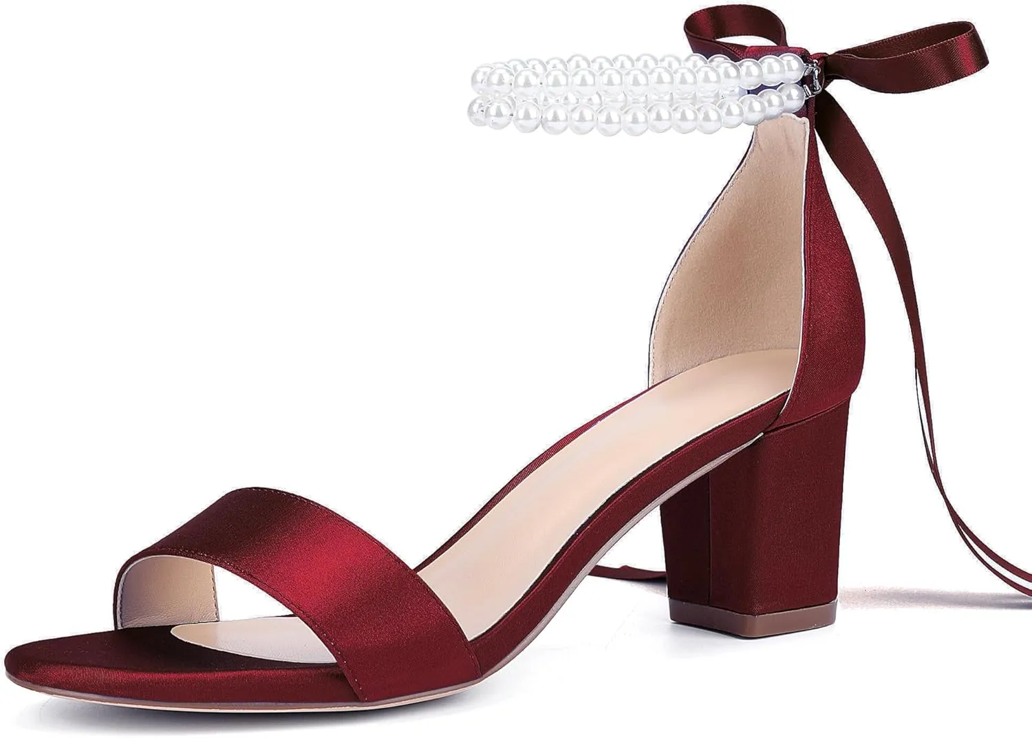 Isobud Women's Open Toe Pearl Wedding Shoes for Bride White Heels with Bow Bridal Shoes Chunky Block Satin Heels Sandals
