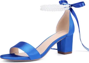 Isobud Women's Open Toe Pearl Wedding Shoes for Bride White Heels with Bow Bridal Shoes Chunky Block Satin Heels Sandals