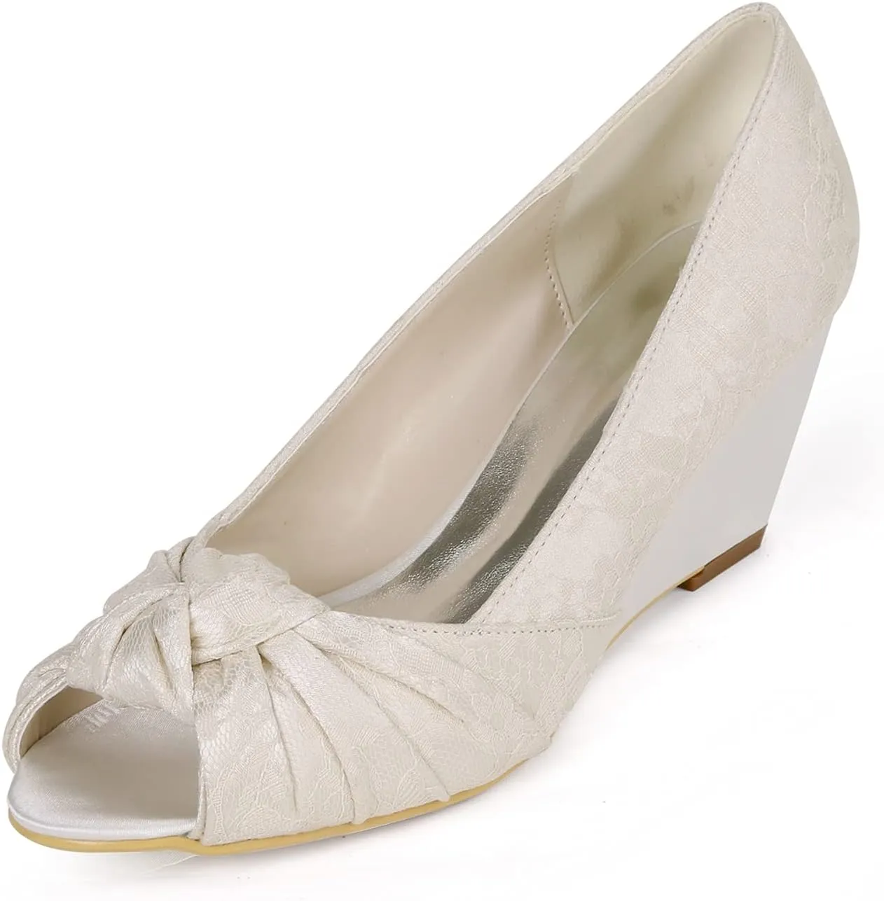Ivory Wedding Shoes Wedge Heels Pleated Satin Peep Toe Court Shoes for Evening Wedding Party,Ivory,5