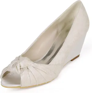 Ivory Wedding Shoes Wedge Heels Pleated Satin Peep Toe Court Shoes for Evening Wedding Party,Ivory,5
