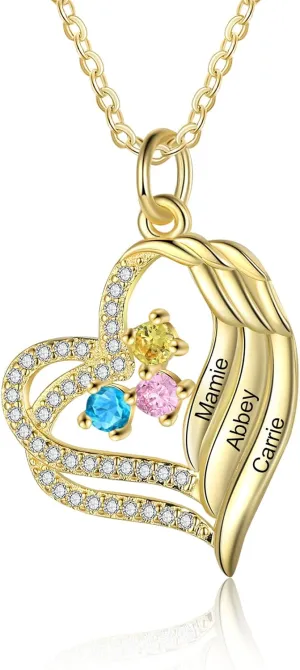 JewelOra Customized Heart Necklace for Women Personalized Angel Wing Necklace Pendant with Simulated Birthstone Custom Name Family Necklace for Mother Grandma