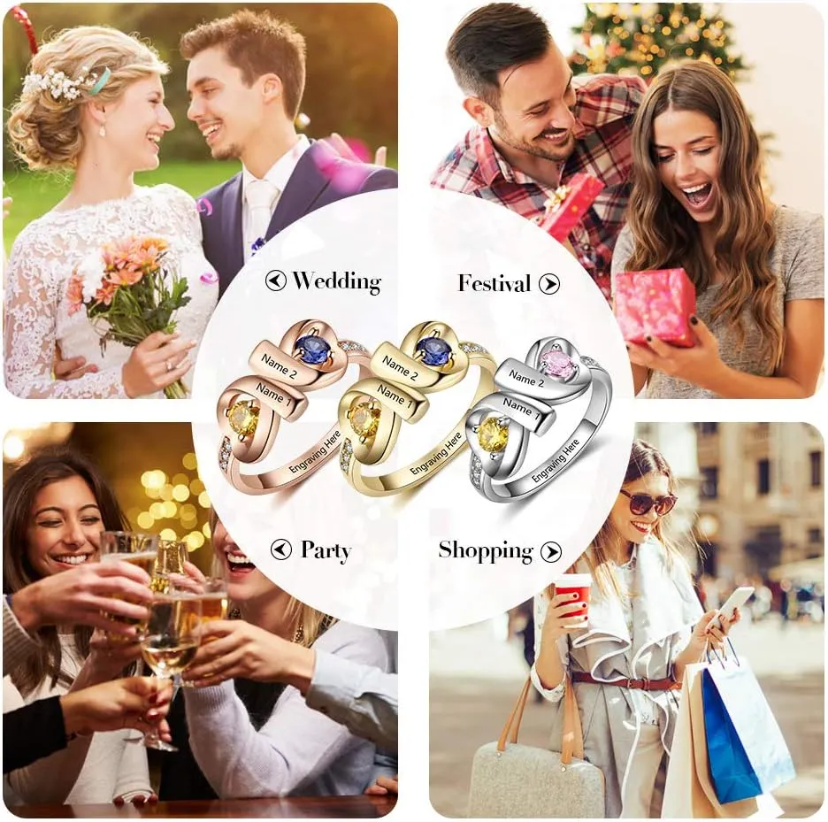 JewelOra Infinity Personalized Promise Rings for Women Engraved Names Mothers Rings with 2 Simulated Birthstones