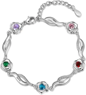 JewelOra Personalized Rose Flower Link Bracelet for Women, Custom Engraved 1-5 Name Bracelets with Simulated Birthstones Rose Charm Jewelry Bracelet Adjustable Chain Gift for Birthday Valentines Day
