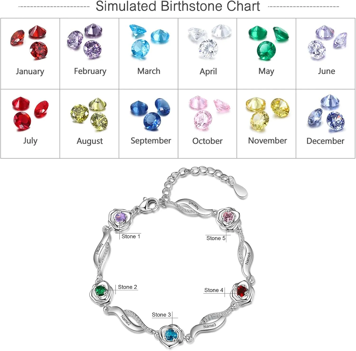 JewelOra Personalized Rose Flower Link Bracelet for Women, Custom Engraved 1-5 Name Bracelets with Simulated Birthstones Rose Charm Jewelry Bracelet Adjustable Chain Gift for Birthday Valentines Day