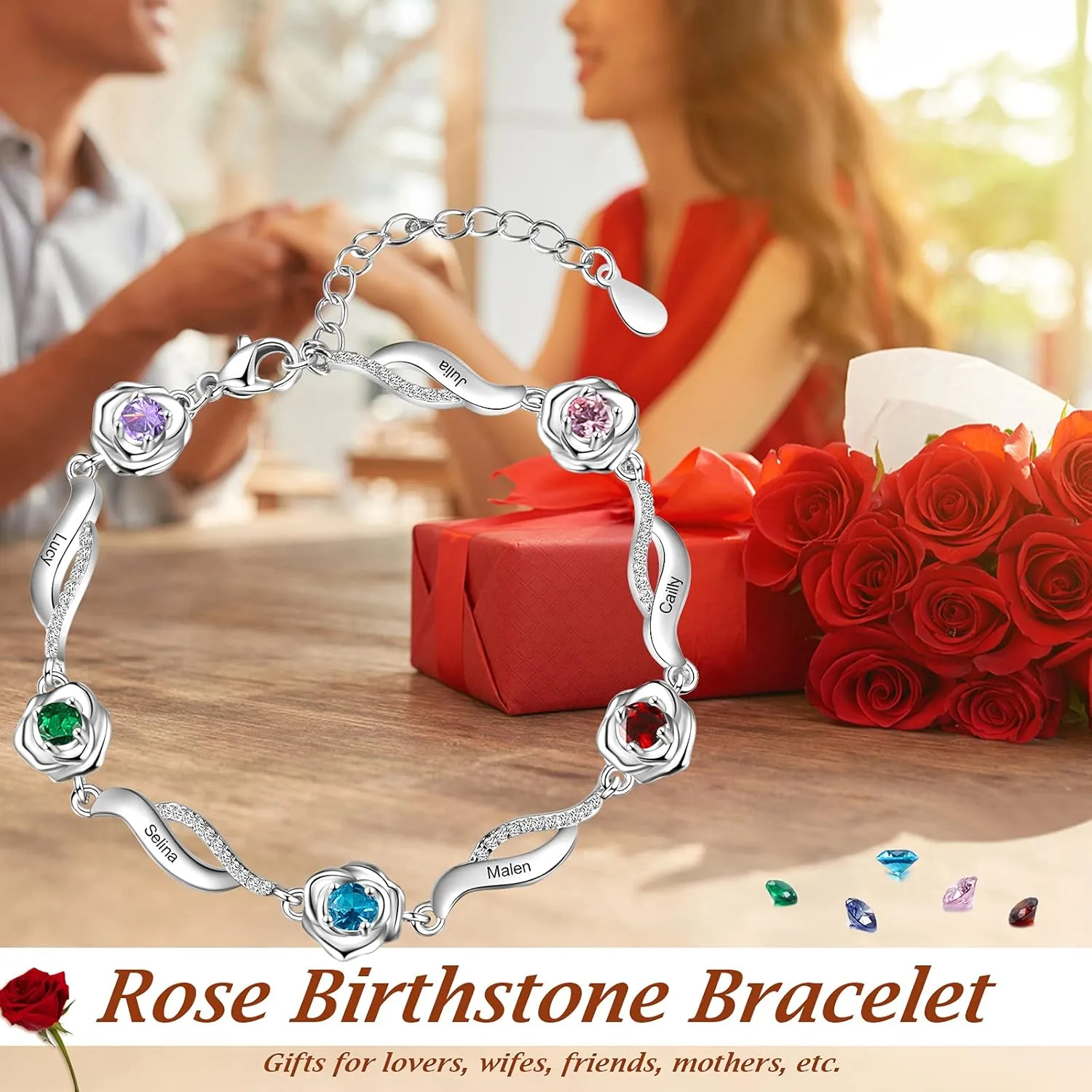 JewelOra Personalized Rose Flower Link Bracelet for Women, Custom Engraved 1-5 Name Bracelets with Simulated Birthstones Rose Charm Jewelry Bracelet Adjustable Chain Gift for Birthday Valentines Day
