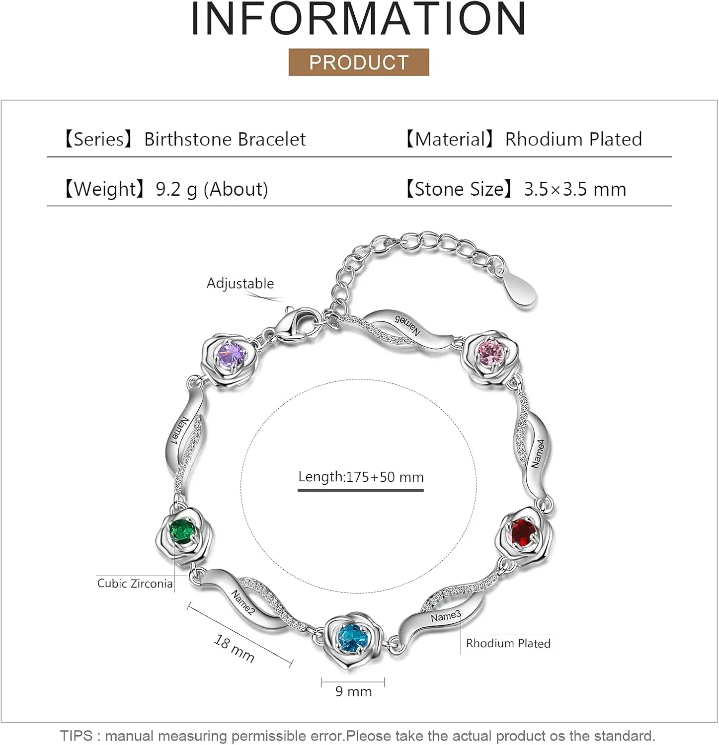 JewelOra Personalized Rose Flower Link Bracelet for Women, Custom Engraved 1-5 Name Bracelets with Simulated Birthstones Rose Charm Jewelry Bracelet Adjustable Chain Gift for Birthday Valentines Day