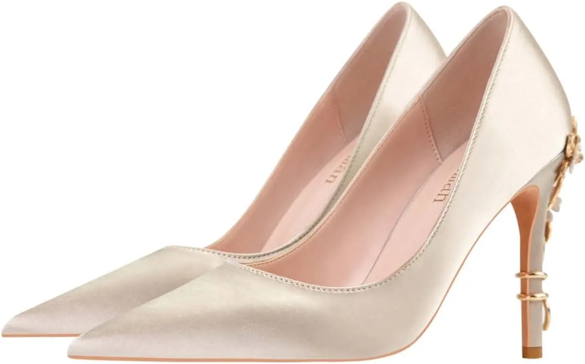 JOEupin High Heels Womens Pointed Toe Heels Satin Pumps Stiletto Bridal Party Dress Evening Wedding Shoes for Woman