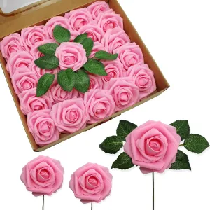 JOYLEX Artificial Flowers Realistic Roses, 50pcs Real Looking Fake Roses with Stem for DIY Wedding Bouquets Centerpieces Bridal Shower Party Home Romantic Decorations (Dark Pink)