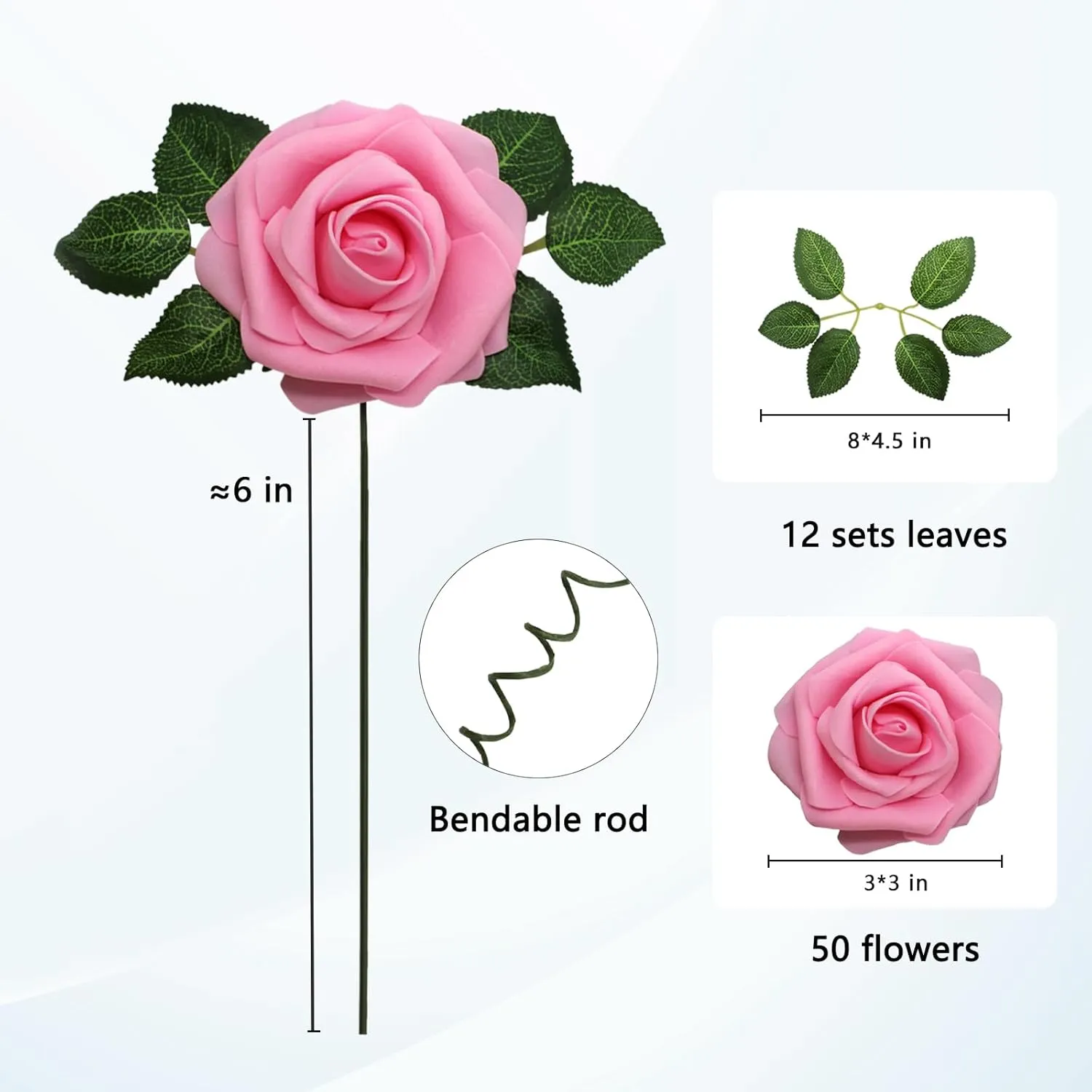 JOYLEX Artificial Flowers Realistic Roses, 50pcs Real Looking Fake Roses with Stem for DIY Wedding Bouquets Centerpieces Bridal Shower Party Home Romantic Decorations (Dark Pink)