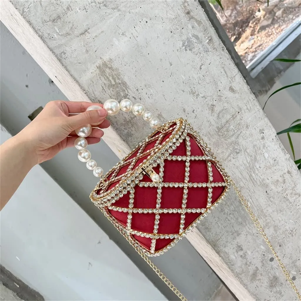 JSEIAJB French Rhinestone Bird Cage Bag Ling Lattice Inset Banquet Bag Bling Flash Drill Hand Shoulder Bag