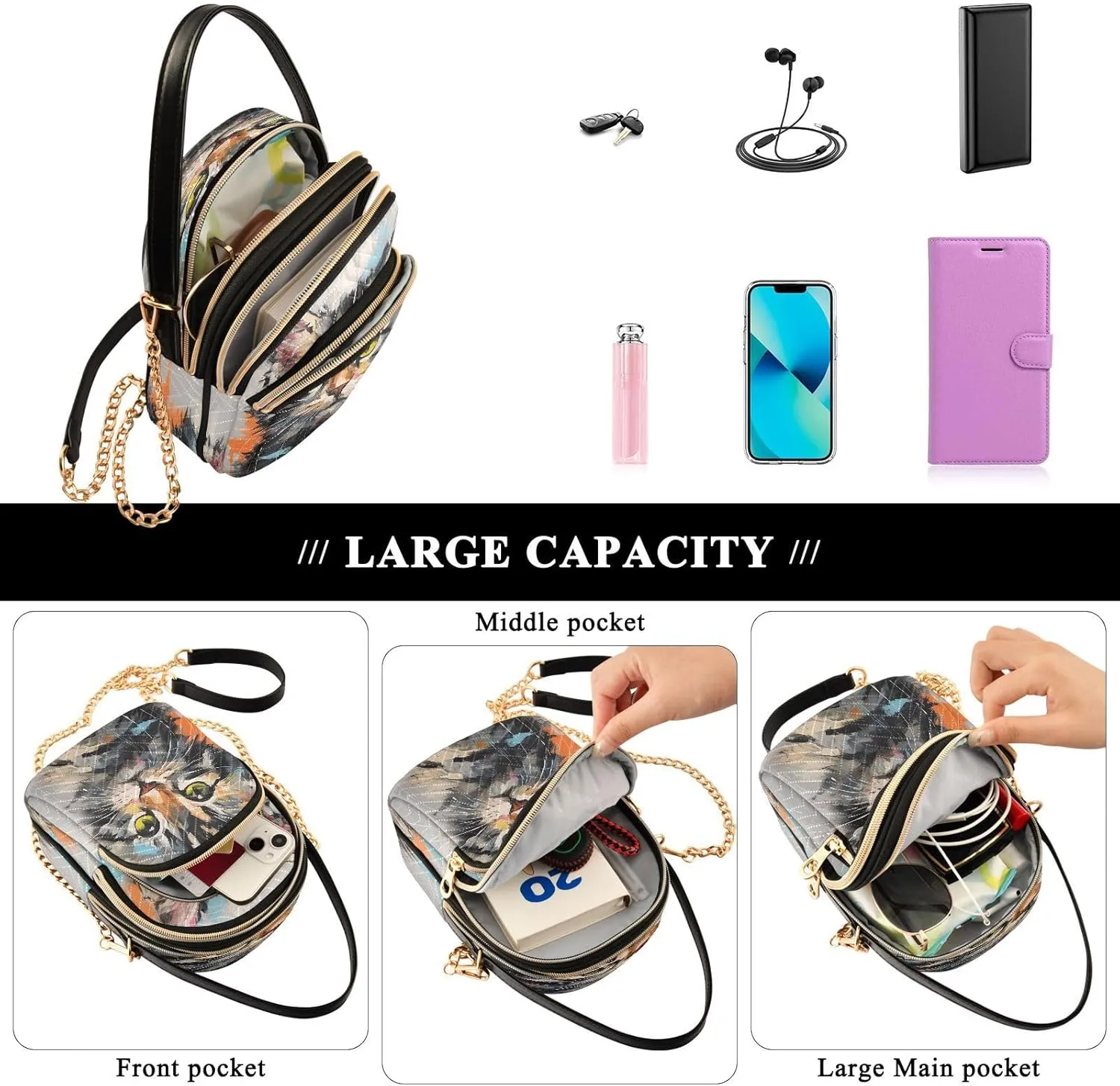 JSTEL Small Crossbody Bag for Women with Compartments,Long Gold Chain Crossbody Purse Polyester Phone Purse Wallet