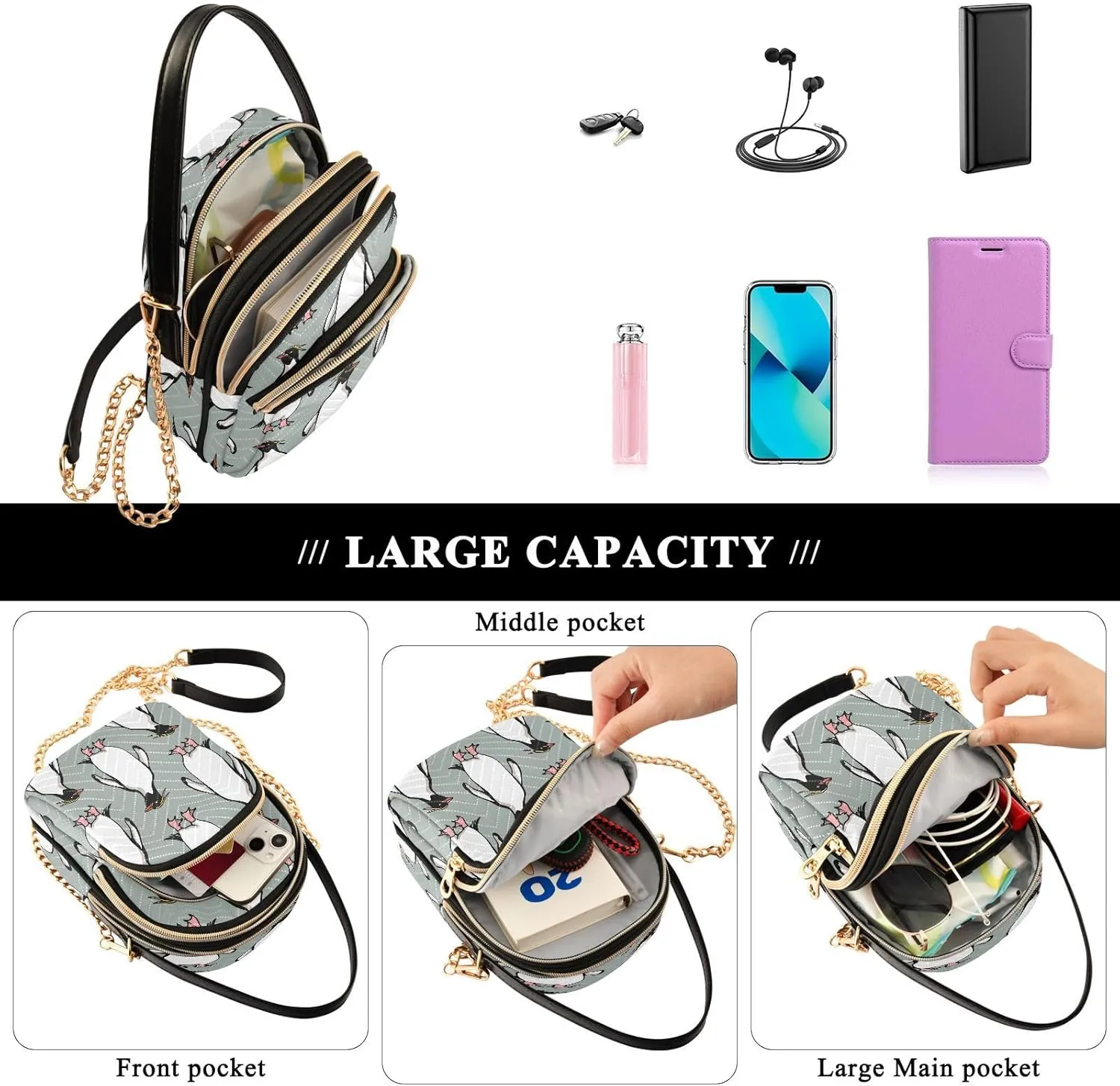 JSTEL Small Crossbody Bag for Women with Compartments,Long Gold Chain Crossbody Purse Polyester Phone Purse Wallet