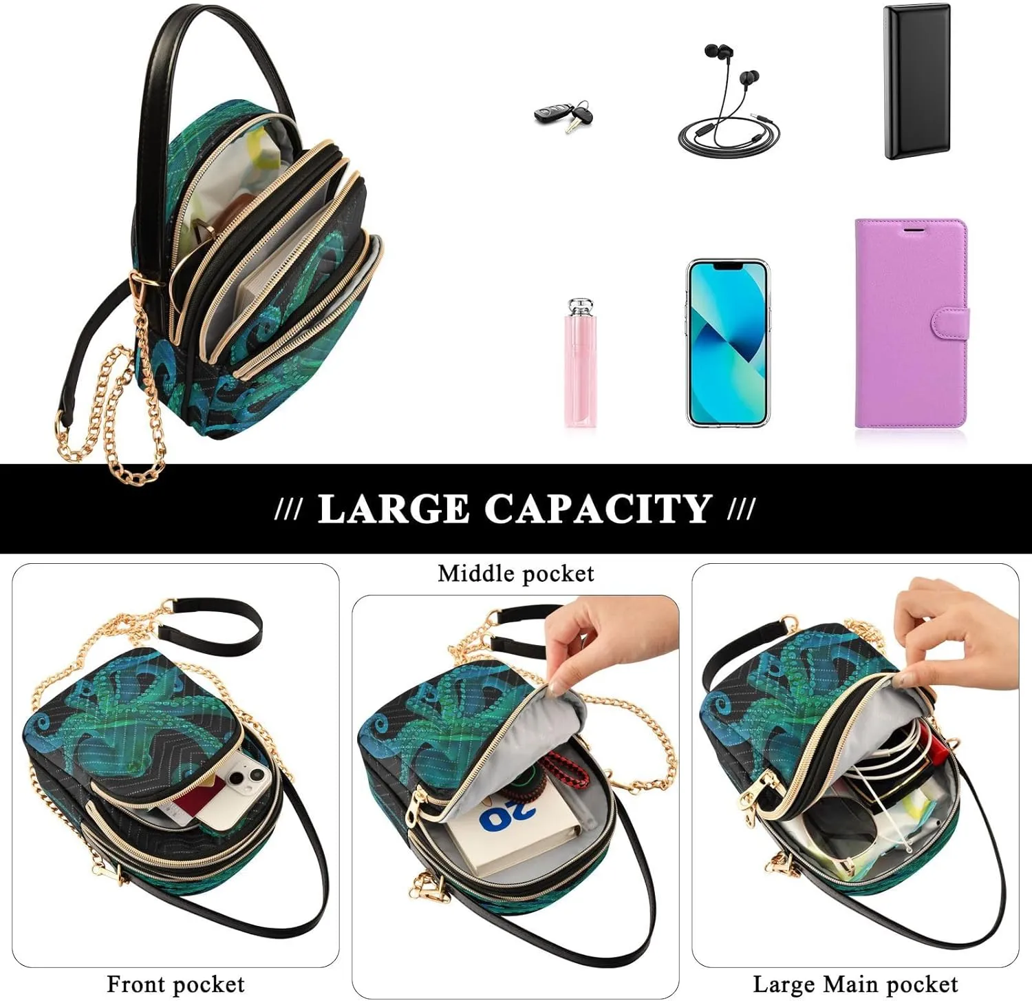 JSTEL Small Crossbody Bag for Women with Compartments,Long Gold Chain Crossbody Purse Polyester Phone Purse Wallet