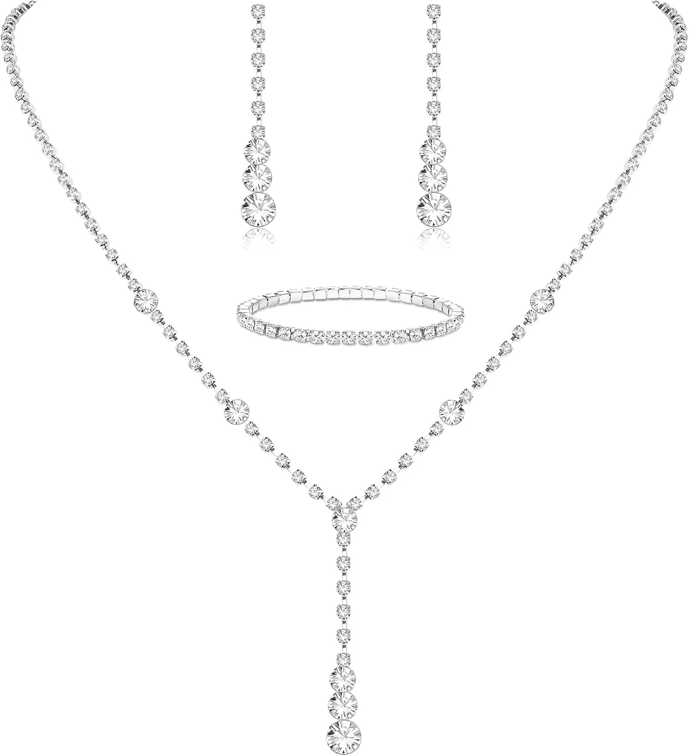 Jstyle Silver Jewelry Set for Women Rhinestone Crystal Necklace Drop Earrings Link Bangle Bracelet Bridal Wedding Jewelry Sets for Brides Bridemaid Prom Costume Accessories