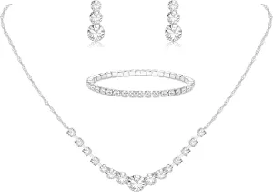 Jstyle Silver Jewelry Set for Women Rhinestone Crystal Necklace Drop Earrings Link Bangle Bracelet Bridal Wedding Jewelry Sets for Brides Bridemaid Prom Costume Accessories