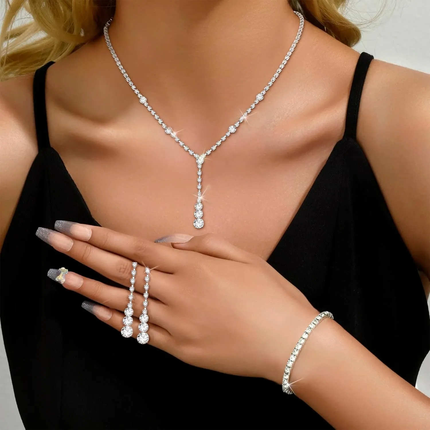 Jstyle Silver Jewelry Set for Women Rhinestone Crystal Necklace Drop Earrings Link Bangle Bracelet Bridal Wedding Jewelry Sets for Brides Bridemaid Prom Costume Accessories