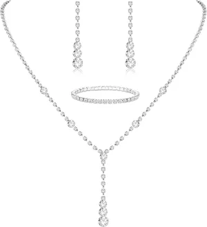 Jstyle Silver Jewelry Set for Women Rhinestone Crystal Necklace Drop Earrings Link Bangle Bracelet Bridal Wedding Jewelry Sets for Brides Bridemaid Prom Costume Accessories