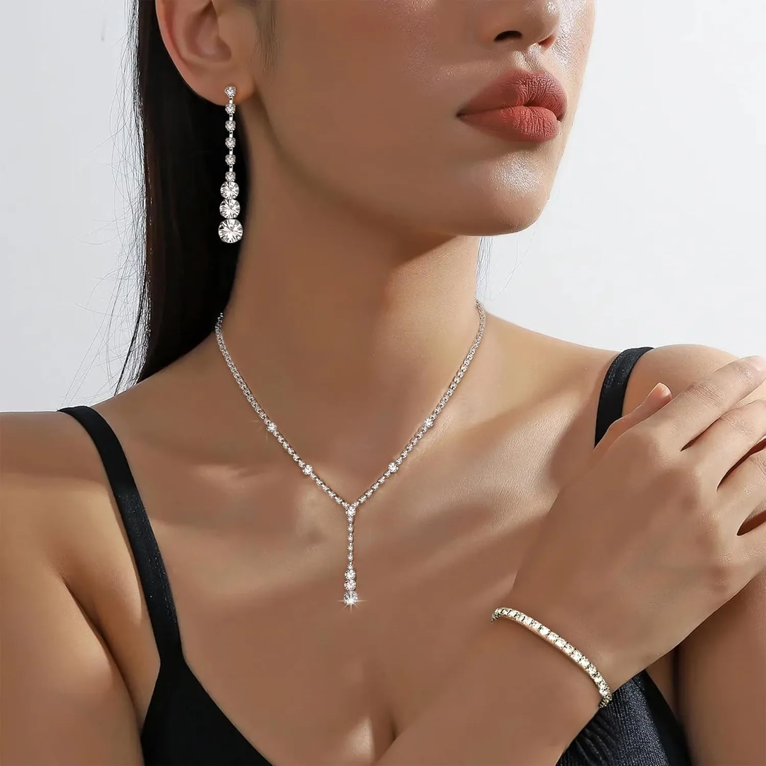 Jstyle Silver Jewelry Set for Women Rhinestone Crystal Necklace Drop Earrings Link Bangle Bracelet Bridal Wedding Jewelry Sets for Brides Bridemaid Prom Costume Accessories