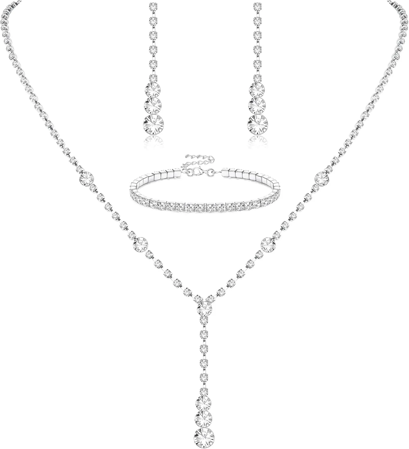Jstyle Silver Jewelry Set for Women Rhinestone Crystal Necklace Drop Earrings Link Bangle Bracelet Bridal Wedding Jewelry Sets for Brides Bridemaid Prom Costume Accessories