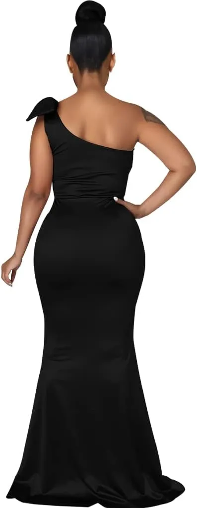 JTNFairy Women's Sexy Ruffle Sleeveless One Shoulder Bodycon Dresses Classy Pencil Curvy Party Evening Long Formal Dress
