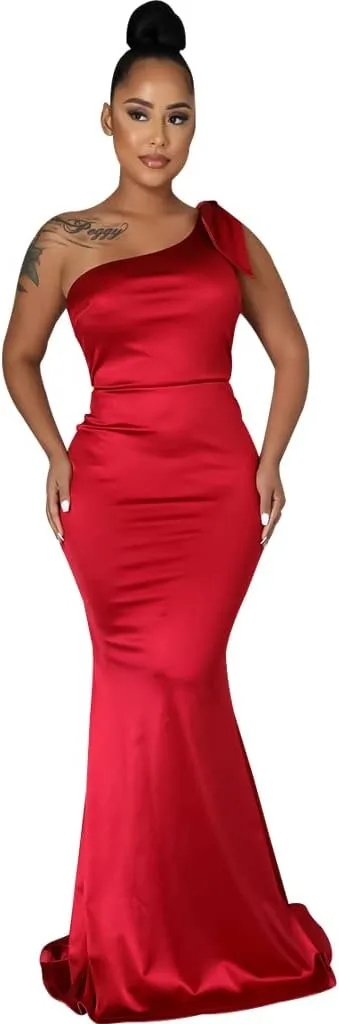 JTNFairy Women's Sexy Ruffle Sleeveless One Shoulder Bodycon Dresses Classy Pencil Curvy Party Evening Long Formal Dress