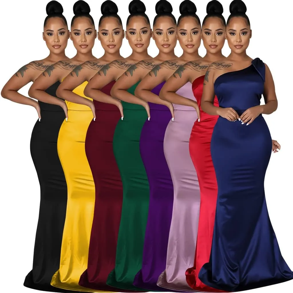 JTNFairy Women's Sexy Ruffle Sleeveless One Shoulder Bodycon Dresses Classy Pencil Curvy Party Evening Long Formal Dress