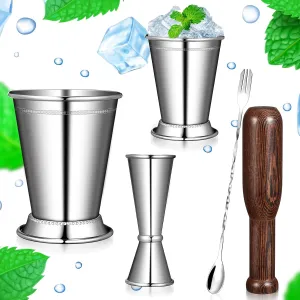 Julep Cups Silver 5 Pcs Set, Stainless Steel Mint Julep Glasses, 12.8 Inch Cocktail Spoon, 1 oz 2 oz Double Whisk, Wooden Whisk for Mint Julep Cocktail Home Bar Party