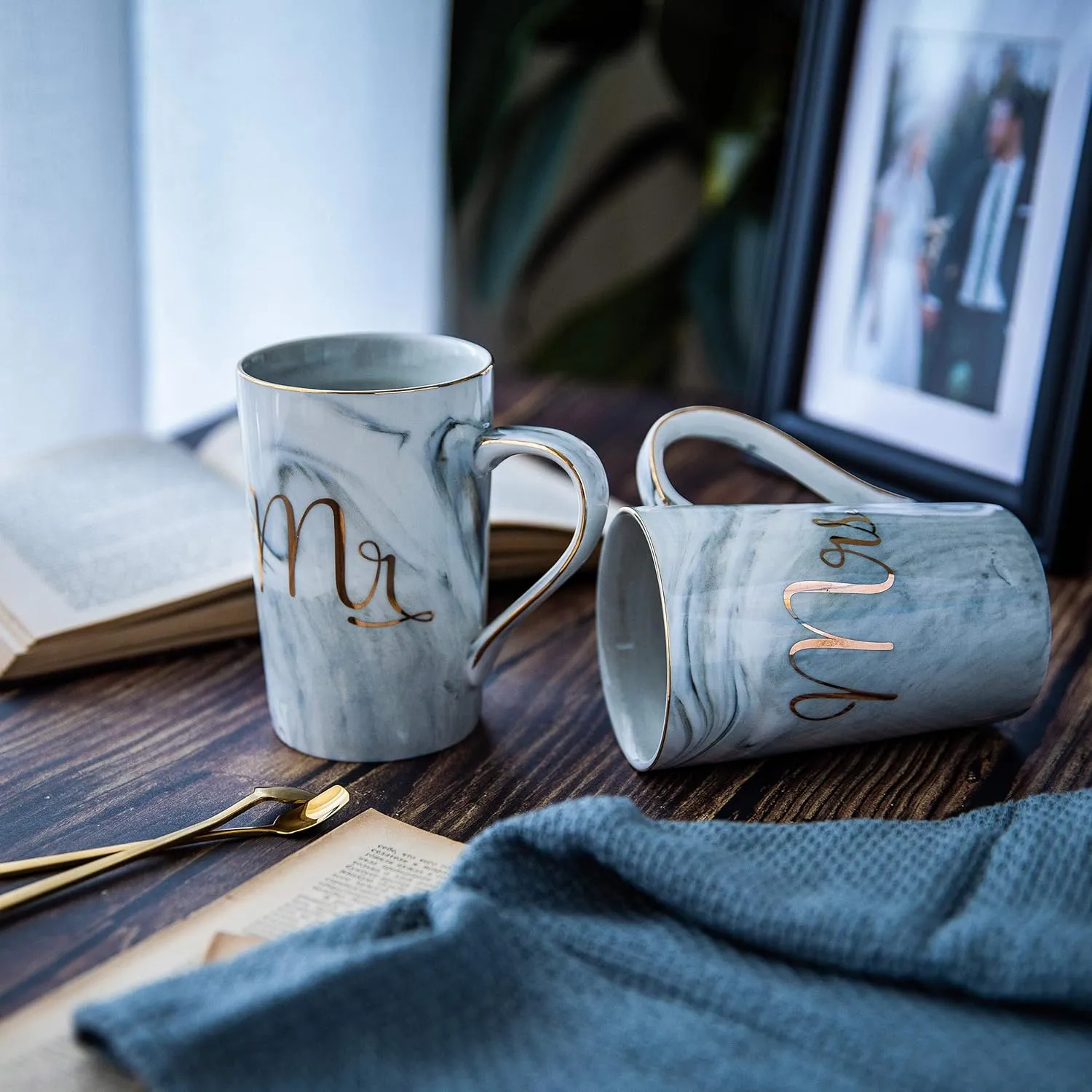 Jumway Mr and Mrs Coffee Mugs - Wedding Gifts - Mr and Mrs Mugs Set - for Bride and Groom - Gifts for Bridal Shower Engagement Wedding and Married Couples Anniversary - 14 Oz Grey