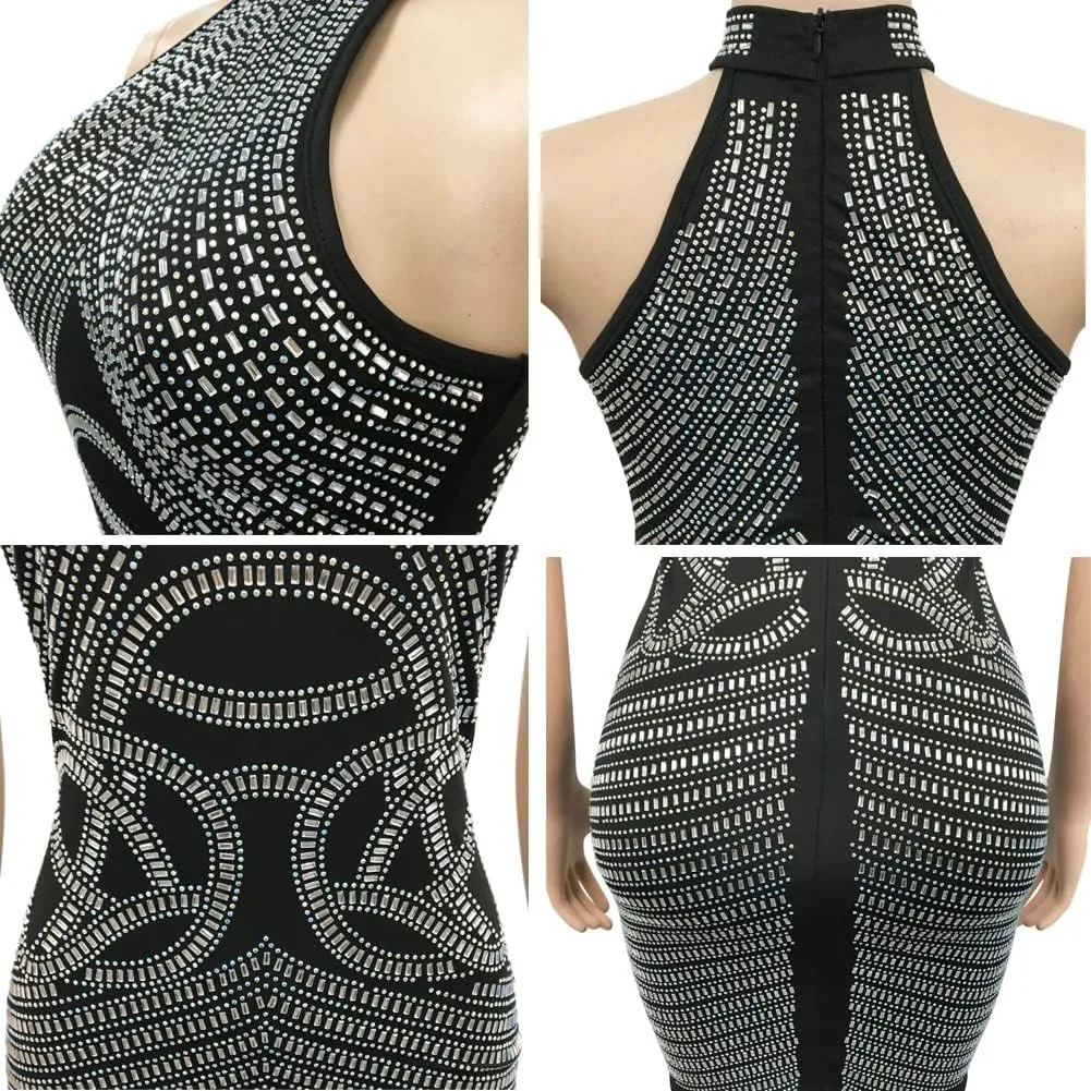 JUNBOON Women's Sexy Mesh See Through Rhinestone Bodycon Zipper Midi Dress Clubwear Outfit