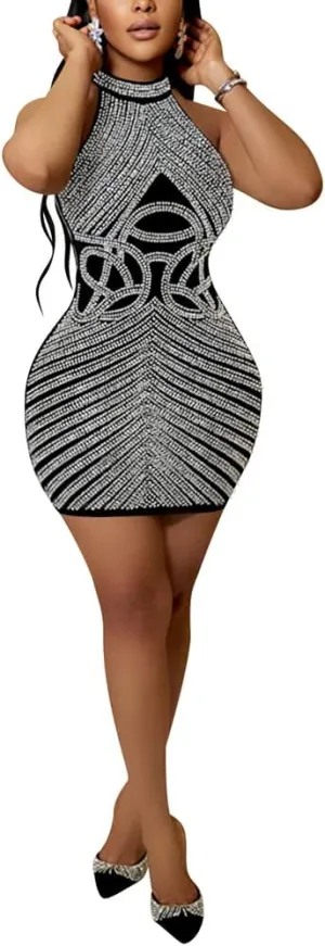 JUNBOON Women's Sexy Mesh See Through Rhinestone Bodycon Zipper Midi Dress Clubwear Outfit