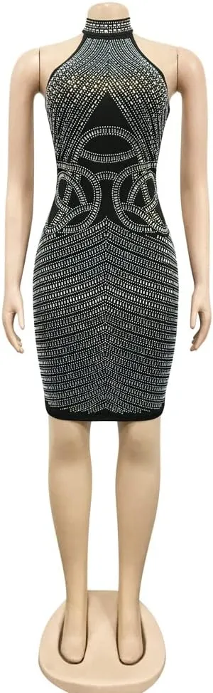 JUNBOON Women's Sexy Mesh See Through Rhinestone Bodycon Zipper Midi Dress Clubwear Outfit