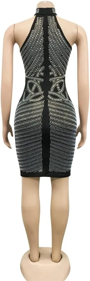 JUNBOON Women's Sexy Mesh See Through Rhinestone Bodycon Zipper Midi Dress Clubwear Outfit