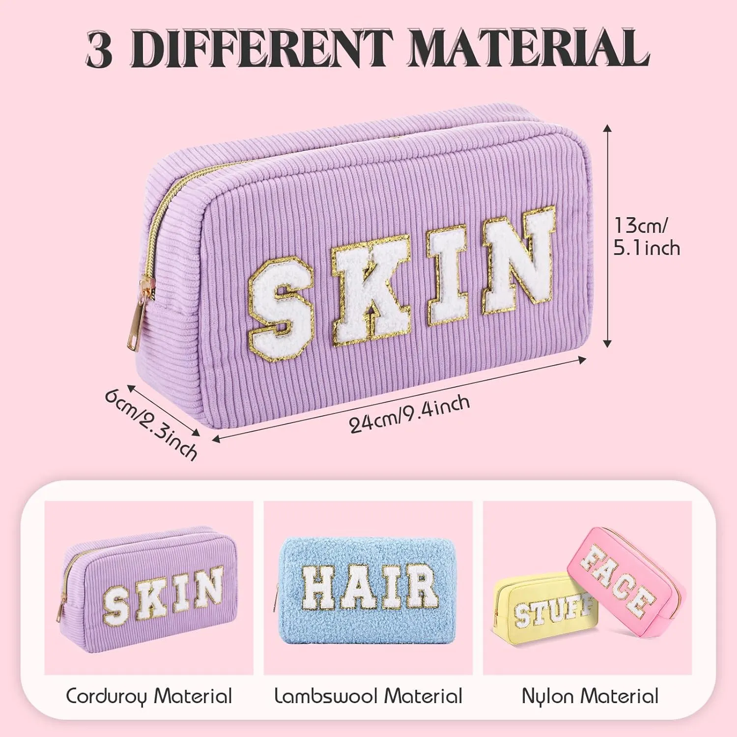 Kajaia 4 Pcs Preppy Makeup Bags Chenille Letter Stuff Bag Cute Cosmetic Pouch Cases for Women Trave Toiletry spend the night(Multi Color,Exquisite)