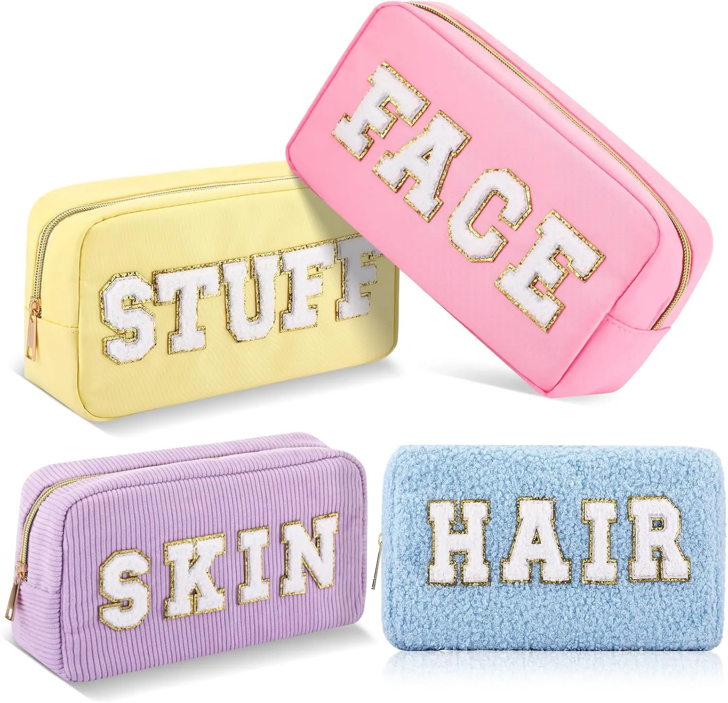 Kajaia 4 Pcs Preppy Makeup Bags Chenille Letter Stuff Bag Cute Cosmetic Pouch Cases for Women Trave Toiletry spend the night(Multi Color,Exquisite)