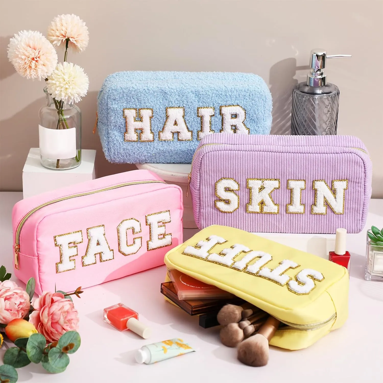 Kajaia 4 Pcs Preppy Makeup Bags Chenille Letter Stuff Bag Cute Cosmetic Pouch Cases for Women Trave Toiletry spend the night(Multi Color,Exquisite)
