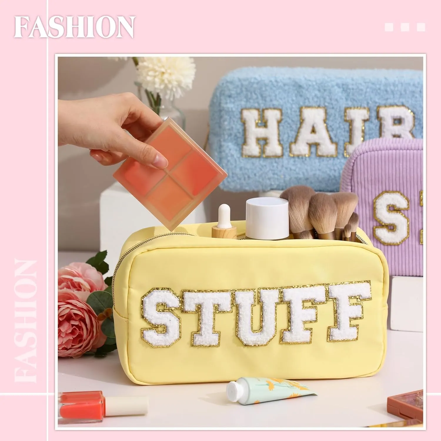 Kajaia 4 Pcs Preppy Makeup Bags Chenille Letter Stuff Bag Cute Cosmetic Pouch Cases for Women Trave Toiletry spend the night(Multi Color,Exquisite)