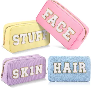 Kajaia 4 Pcs Preppy Makeup Bags Chenille Letter Stuff Bag Cute Cosmetic Pouch Cases for Women Trave Toiletry spend the night(Multi Color,Exquisite)