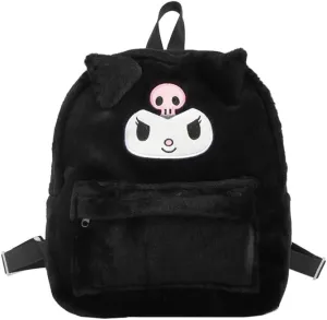 Kawaii Fuzzy Backpack Daypack, Cute Y2K Fluffy Animals Design Chic Cartoon Furry Daypack Bookbag Daily Shoulder Bag (Black)