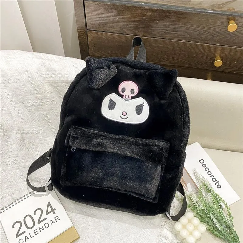 Kawaii Fuzzy Backpack Daypack, Cute Y2K Fluffy Animals Design Chic Cartoon Furry Daypack Bookbag Daily Shoulder Bag (Black)