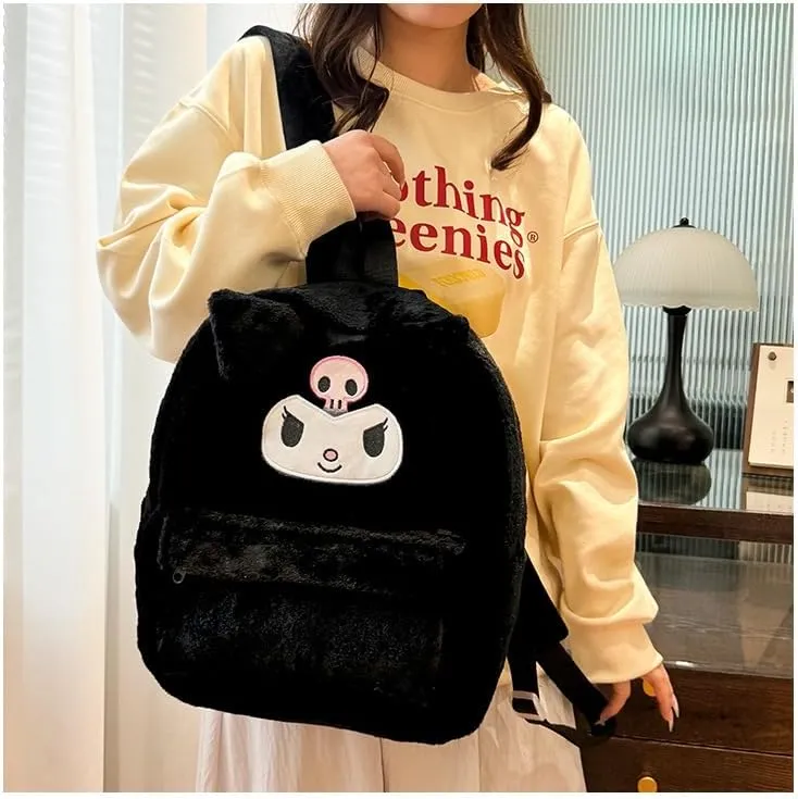 Kawaii Fuzzy Backpack Daypack, Cute Y2K Fluffy Animals Design Chic Cartoon Furry Daypack Bookbag Daily Shoulder Bag (Black)