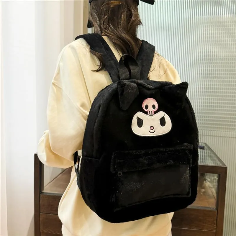 Kawaii Fuzzy Backpack Daypack, Cute Y2K Fluffy Animals Design Chic Cartoon Furry Daypack Bookbag Daily Shoulder Bag (Black)