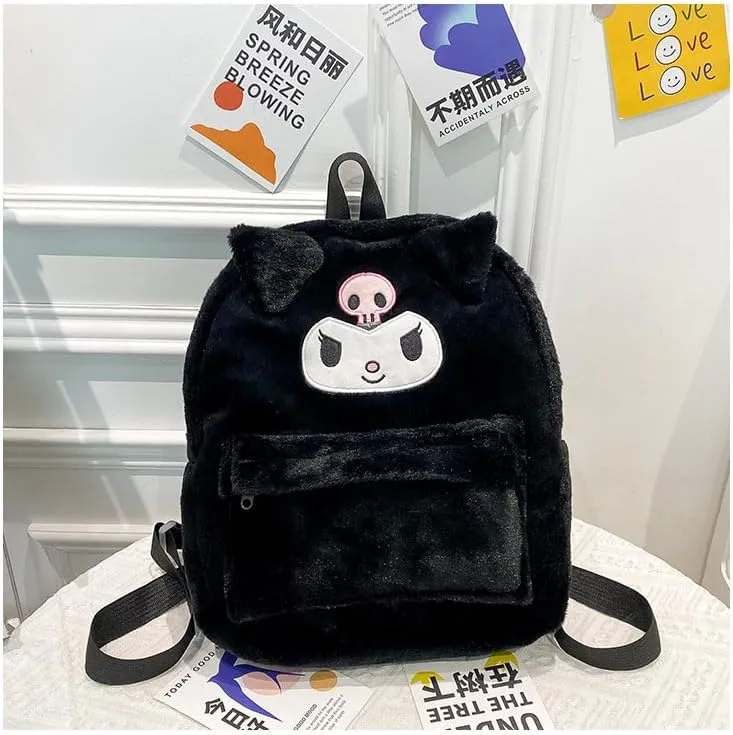 Kawaii Fuzzy Backpack Daypack, Cute Y2K Fluffy Animals Design Chic Cartoon Furry Daypack Bookbag Daily Shoulder Bag (Black)