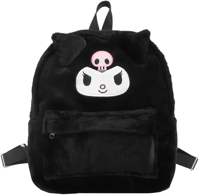 Kawaii Fuzzy Backpack Daypack, Cute Y2K Fluffy Animals Design Chic Cartoon Furry Daypack Bookbag Daily Shoulder Bag (Black)