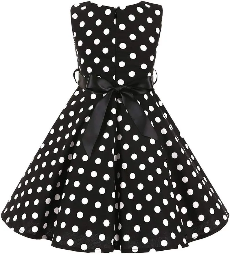 Kids Girls 50s Audrey Vintage Polka Dot Swing Party Rockabilly Dress Retro Peter Pan Doll Collar Wedding Casual Skater Dress