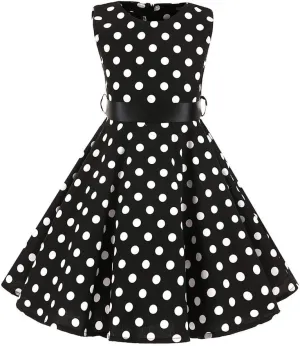 Kids Girls 50s Audrey Vintage Polka Dot Swing Party Rockabilly Dress Retro Peter Pan Doll Collar Wedding Casual Skater Dress