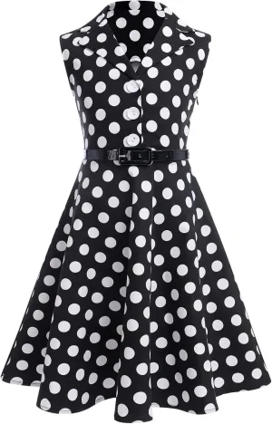 Kids Girls 50s Audrey Vintage Polka Dot Swing Party Rockabilly Dress Retro Peter Pan Doll Collar Wedding Casual Skater Dress