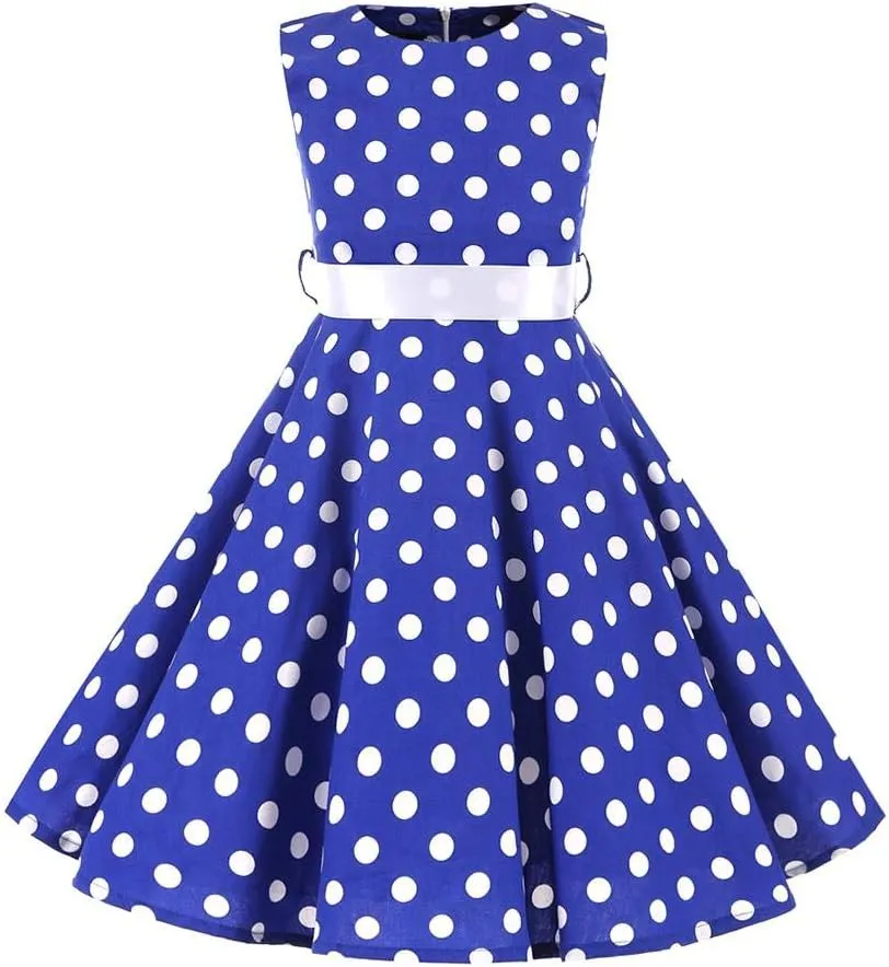 Kids Girls 50s Audrey Vintage Polka Dot Swing Party Rockabilly Dress Retro Peter Pan Doll Collar Wedding Casual Skater Dress