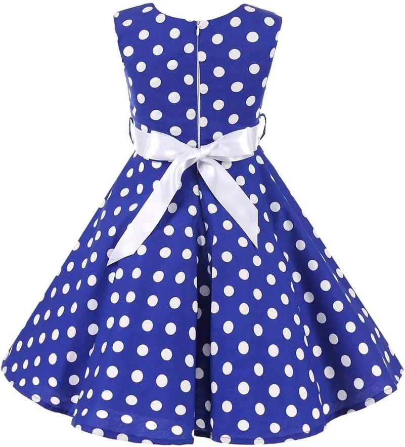 Kids Girls 50s Audrey Vintage Polka Dot Swing Party Rockabilly Dress Retro Peter Pan Doll Collar Wedding Casual Skater Dress