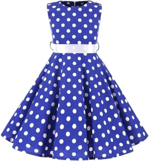 Kids Girls 50s Audrey Vintage Polka Dot Swing Party Rockabilly Dress Retro Peter Pan Doll Collar Wedding Casual Skater Dress