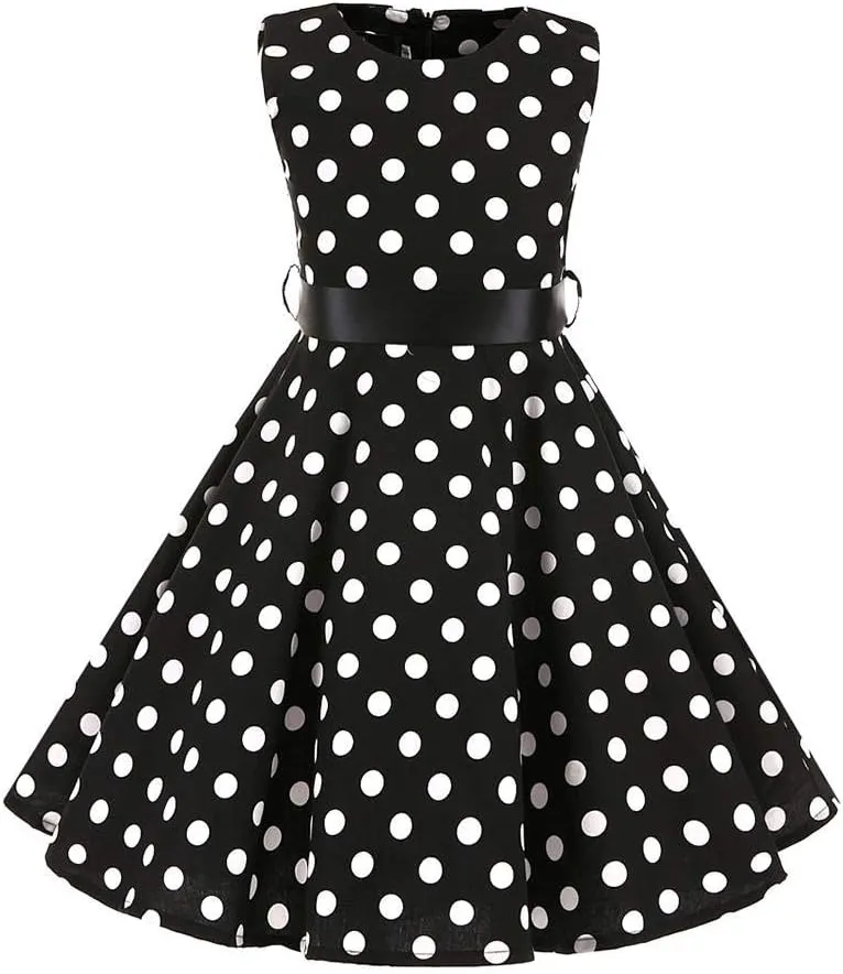 Kids Girls 50s Audrey Vintage Polka Dot Swing Party Rockabilly Dress Retro Peter Pan Doll Collar Wedding Casual Skater Dress